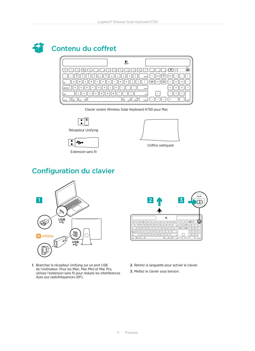 Logitech 920-002912 manual  Contenu du coffret, Configuration du clavier 